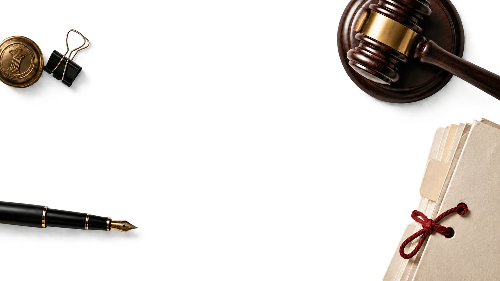 A walnut judge's gavel, fountain pen, tied case files, court seal and binder clip arranged around the page